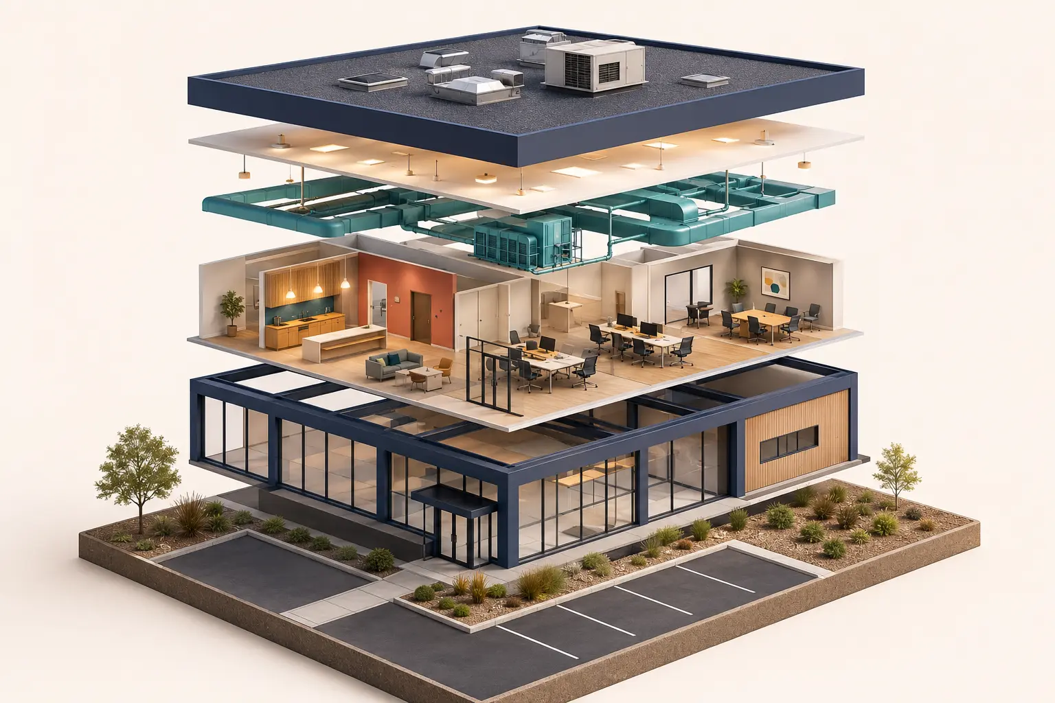 Commercial building illustration separated into structural, interior, mechanical, lighting, and site components